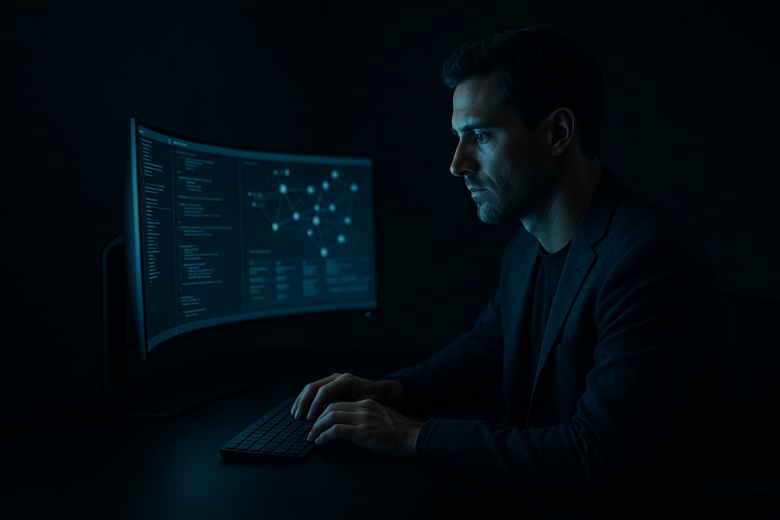 A software architect reviewing an AI system on a dark, blue-lit workstation