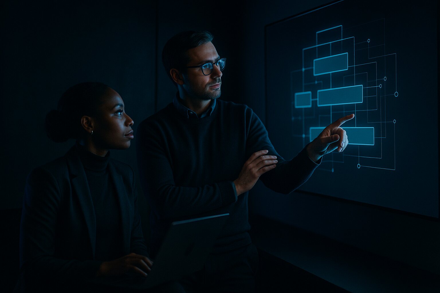 Two engineers collaborating on a platform architecture at a wall display