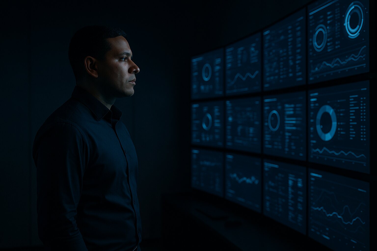 A security engineer monitoring systems in a dark operations room