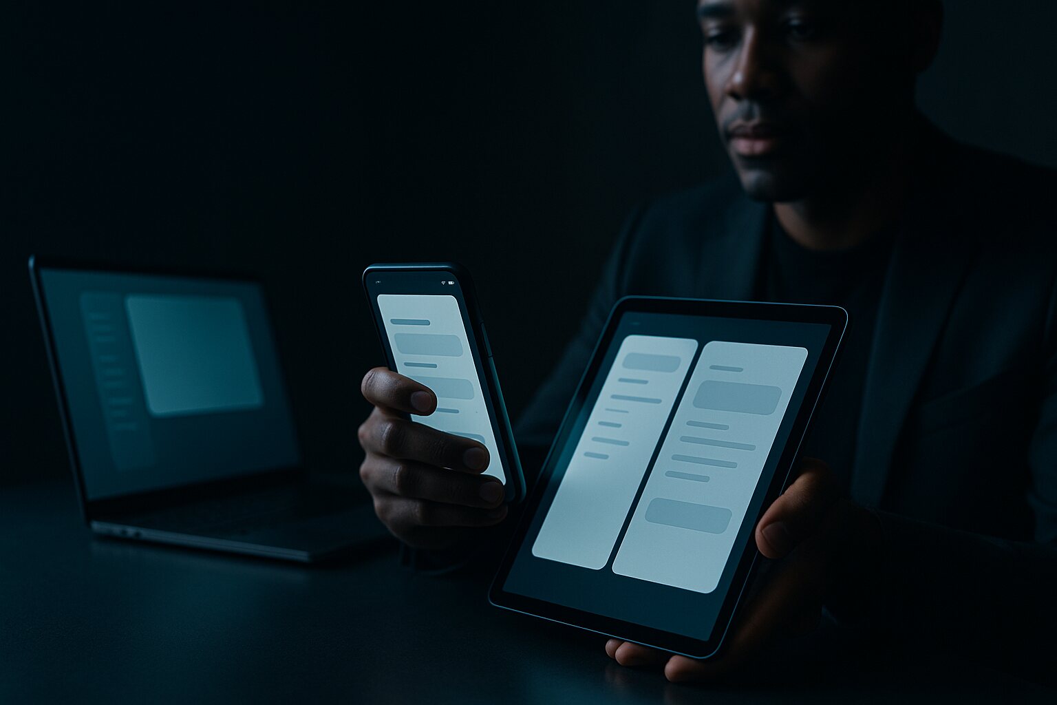 A product designer working across phone, tablet, and laptop interfaces