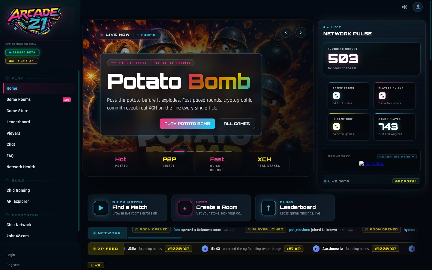 Arcade21 lobby at arcade21games.com, peer-to-peer gaming on the Chia blockchain